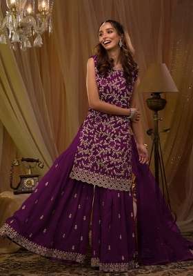 Purple Embroidered Georgette Kurta Set
