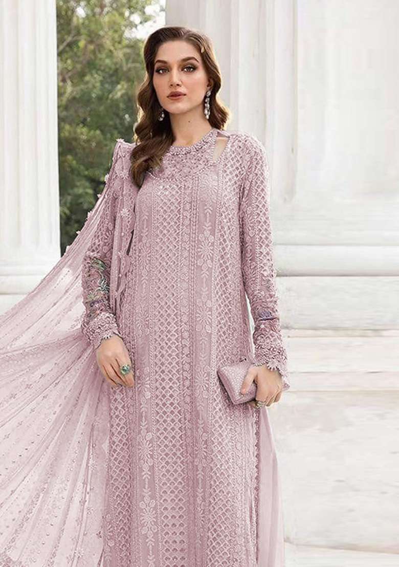 Pink Embroidered Georgette Kurta Set - Indya