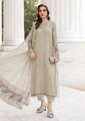 Cream Embroidered Georgette Kurta Set