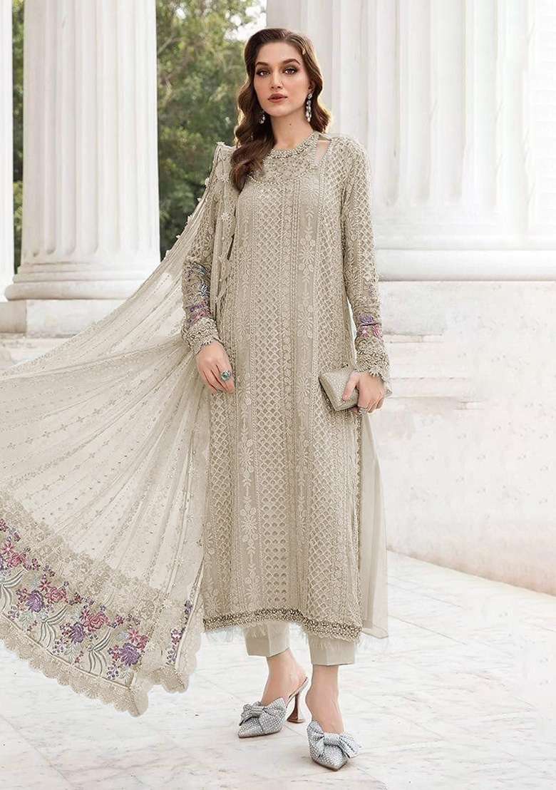 Cream Embroidered Georgette Kurta Set - Indya