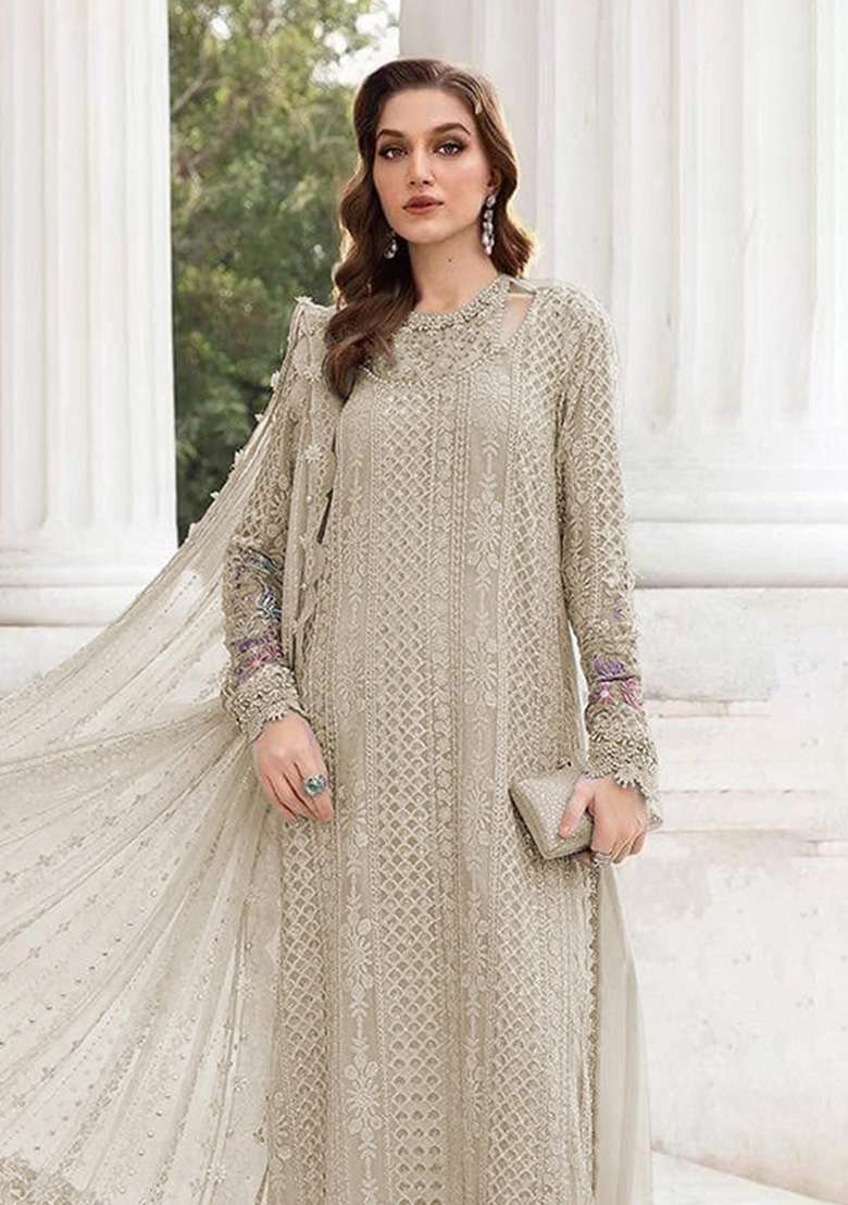 Cream Embroidered Georgette Kurta Set - Indya