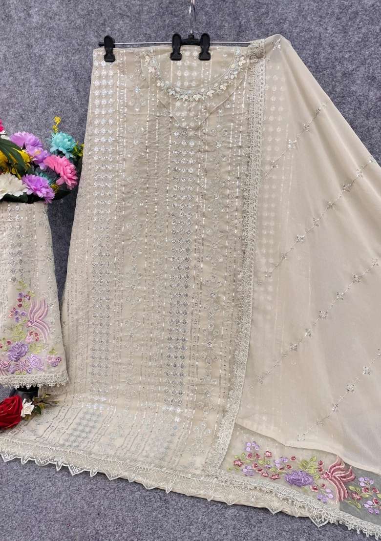 Cream Embroidered Georgette Kurta Set - Indya