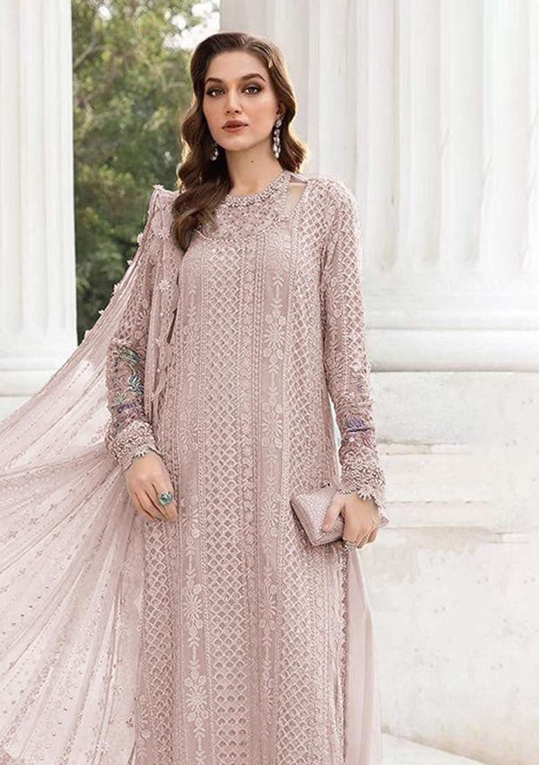 Peach Embroidered Georgette Kurta Set - Indya