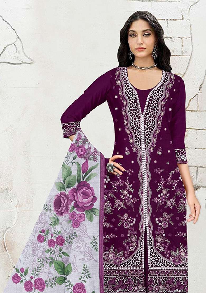 Purple Embroidered Cotton Kurta Set - Indya