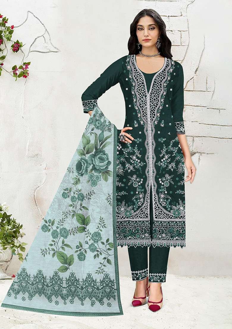 Dark Green Embroidered Cotton Kurta Set - Indya