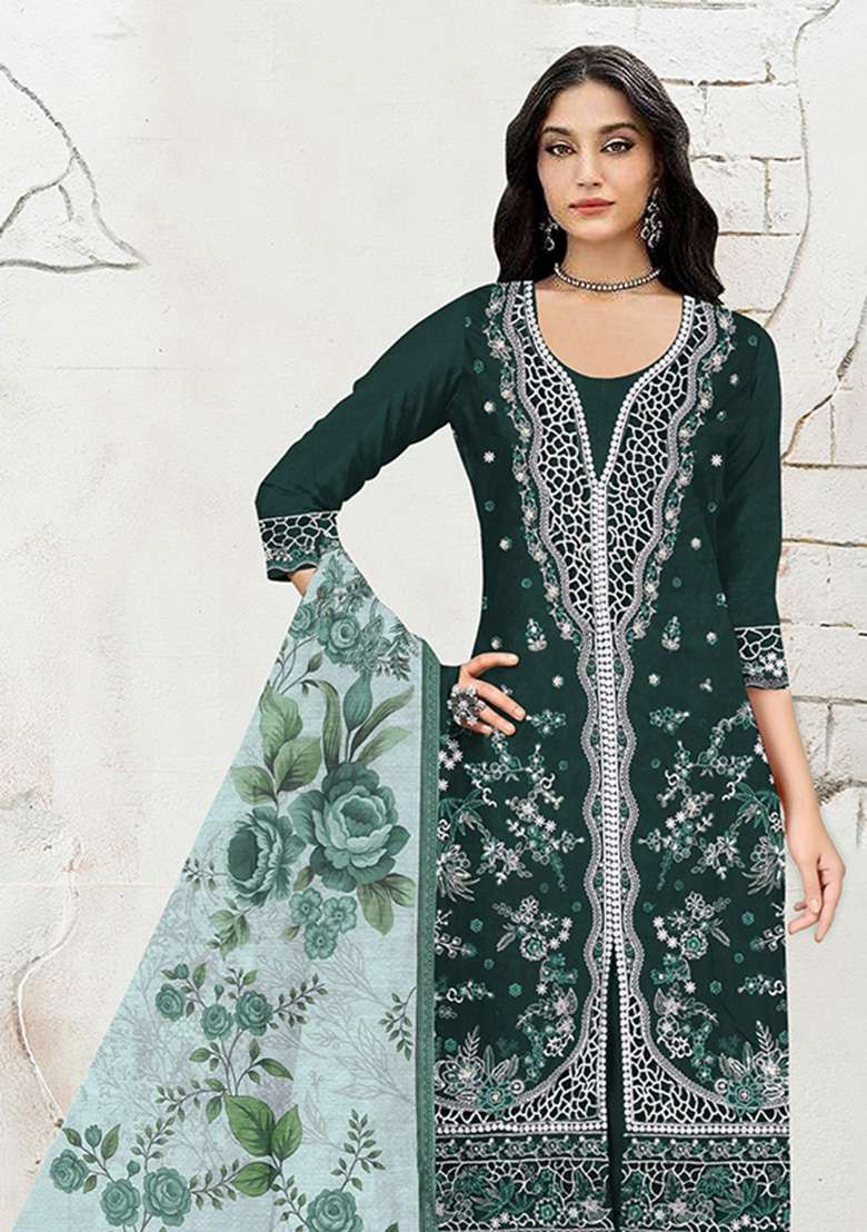 Dark Green Embroidered Cotton Kurta Set - Indya