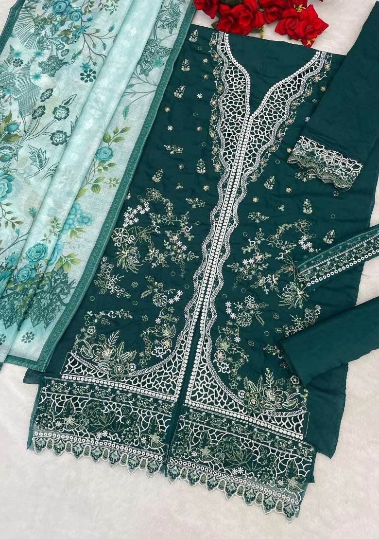 Dark Green Embroidered Cotton Kurta Set - Indya
