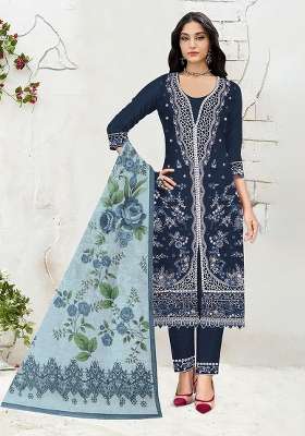 Navy Blue Embroidered Cotton Kurta Set