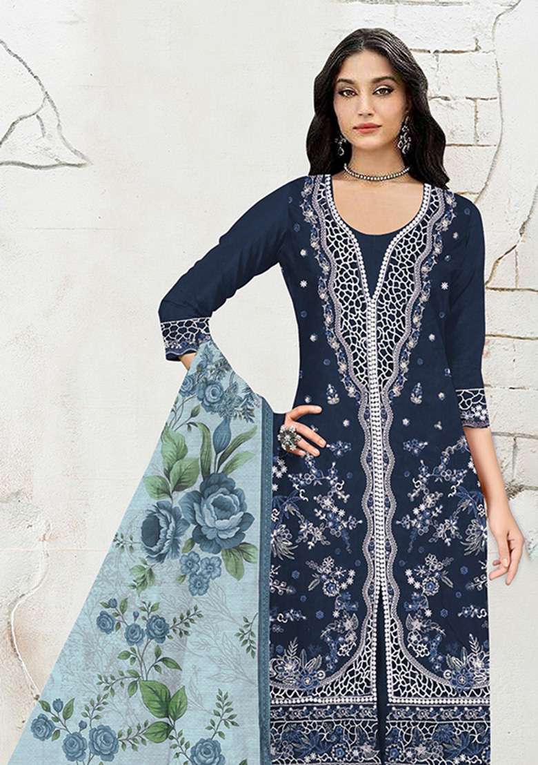 Navy Blue Embroidered Cotton Kurta Set - Indya