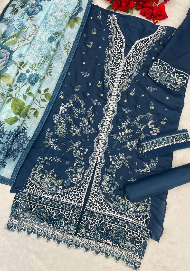 Navy Blue Embroidered Cotton Kurta Set - Indya