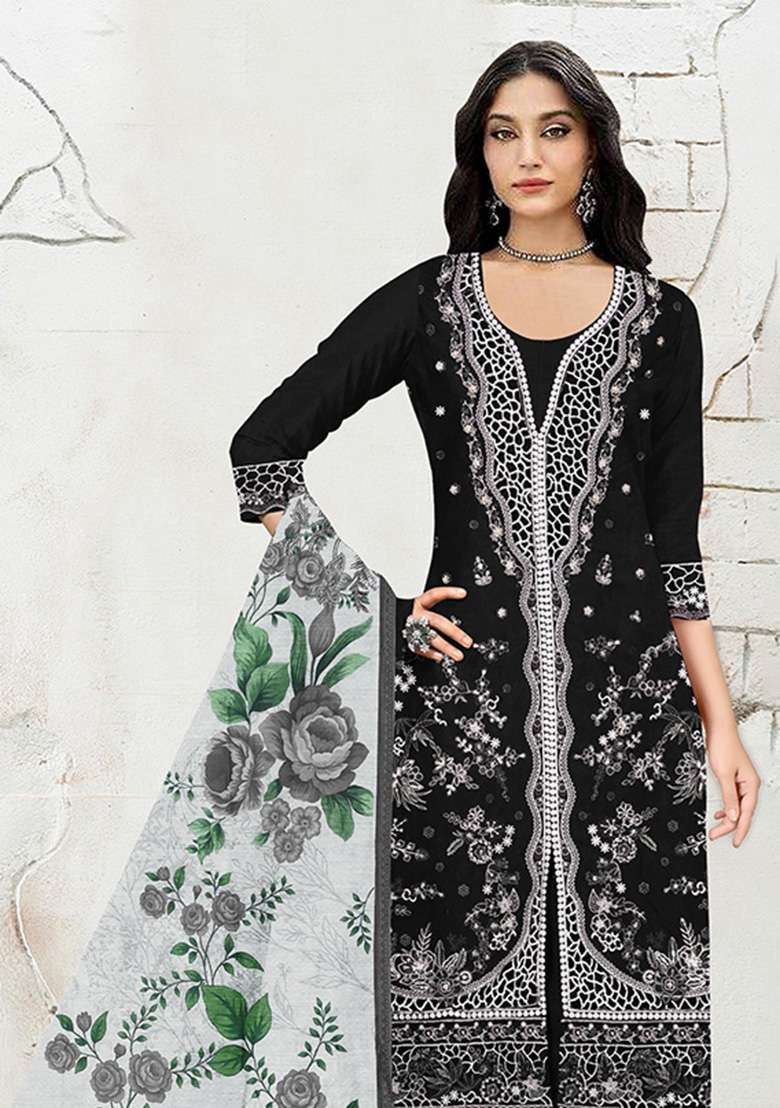 Black Embroidered Cotton Kurta Set - Indya