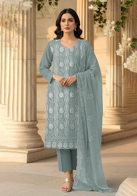 Sea Green Embroidered Georgette Kurta Set