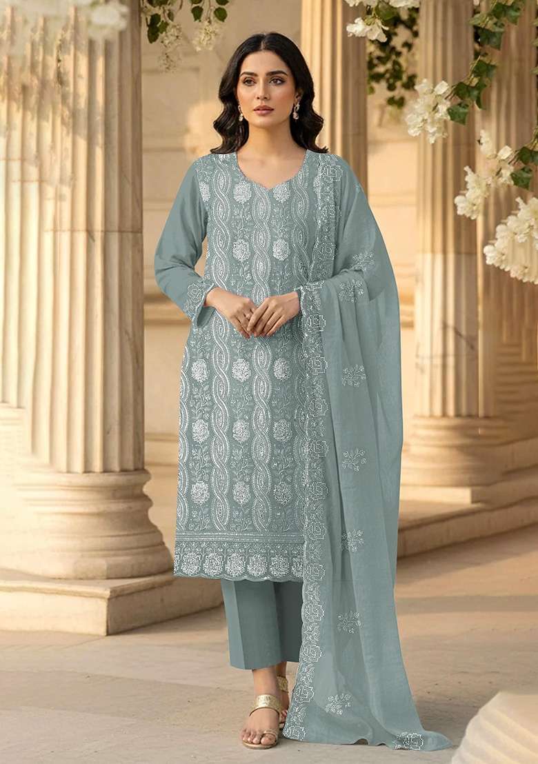 Sea Green Embroidered Georgette Kurta Set - Indya