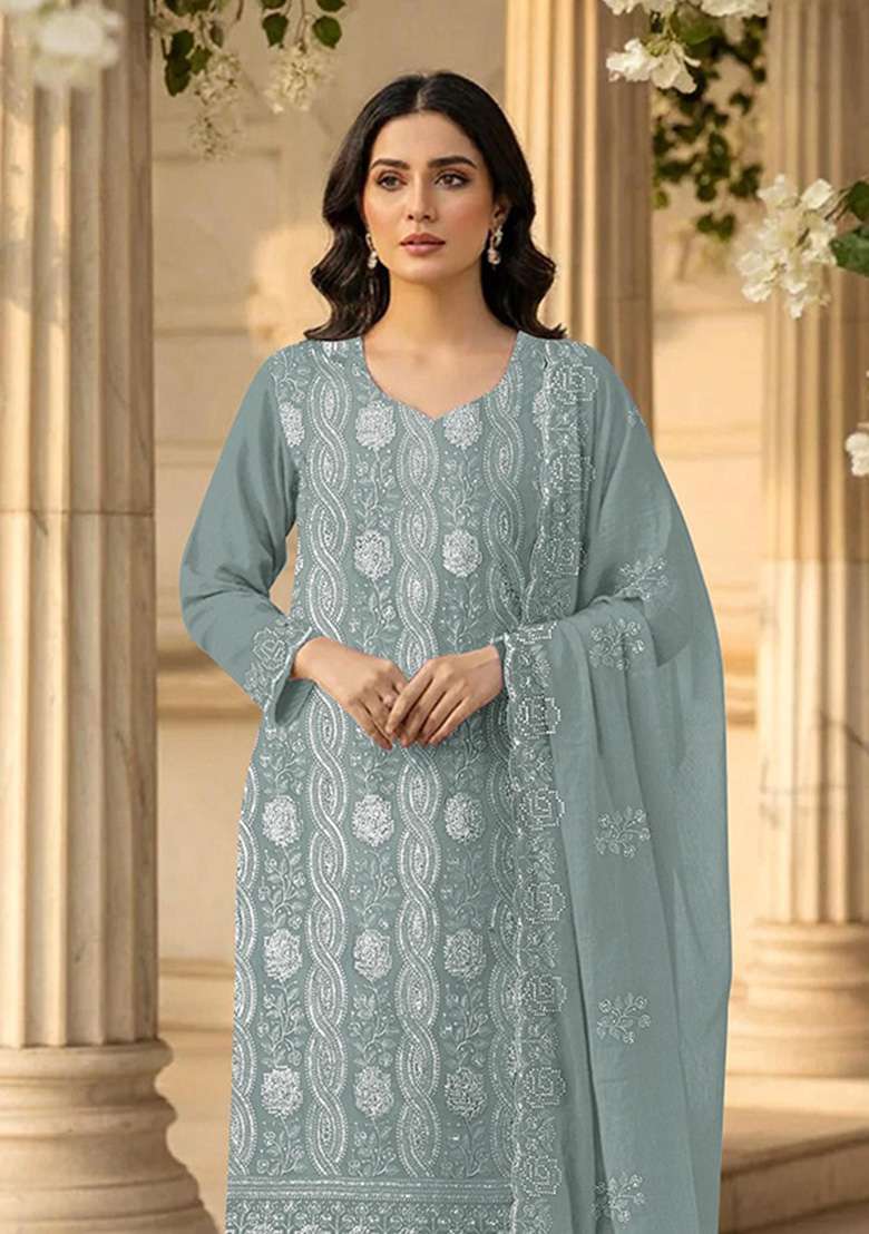 Sea Green Embroidered Georgette Kurta Set - Indya
