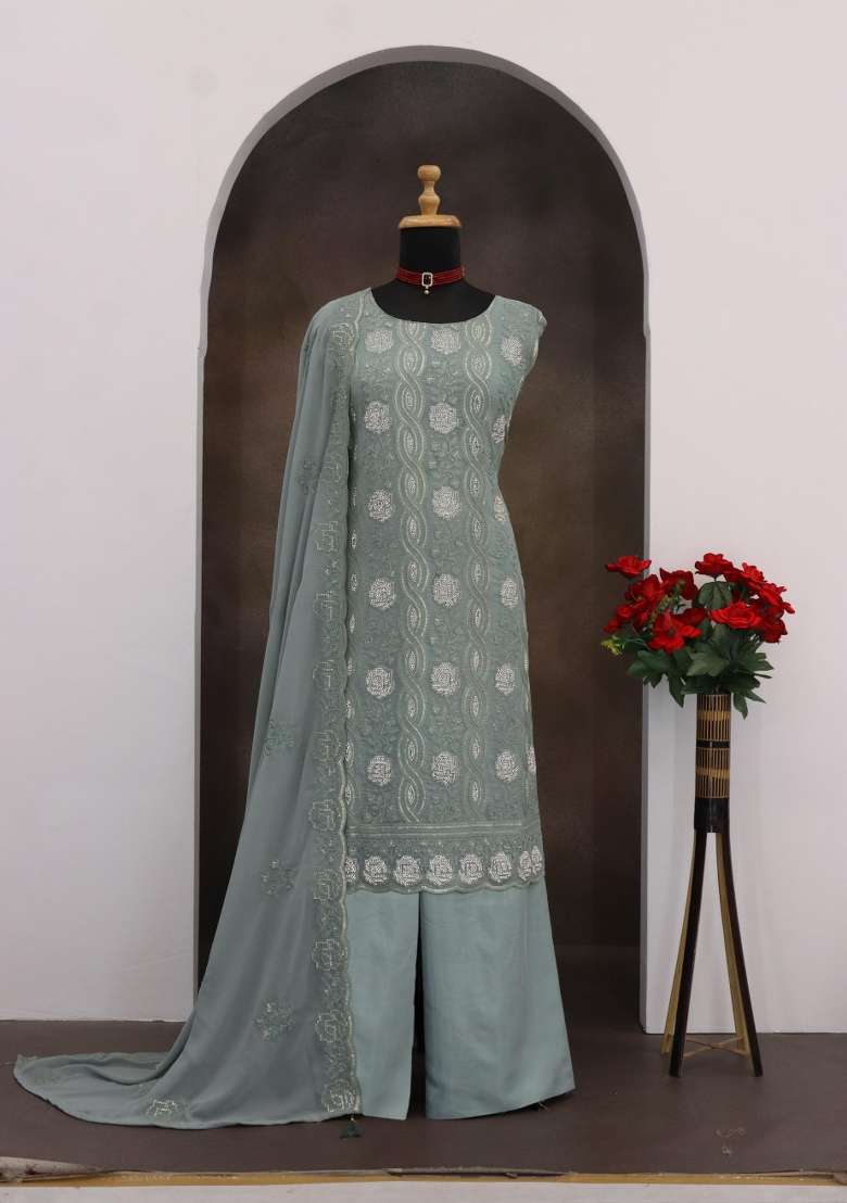 Sea Green Embroidered Georgette Kurta Set - Indya