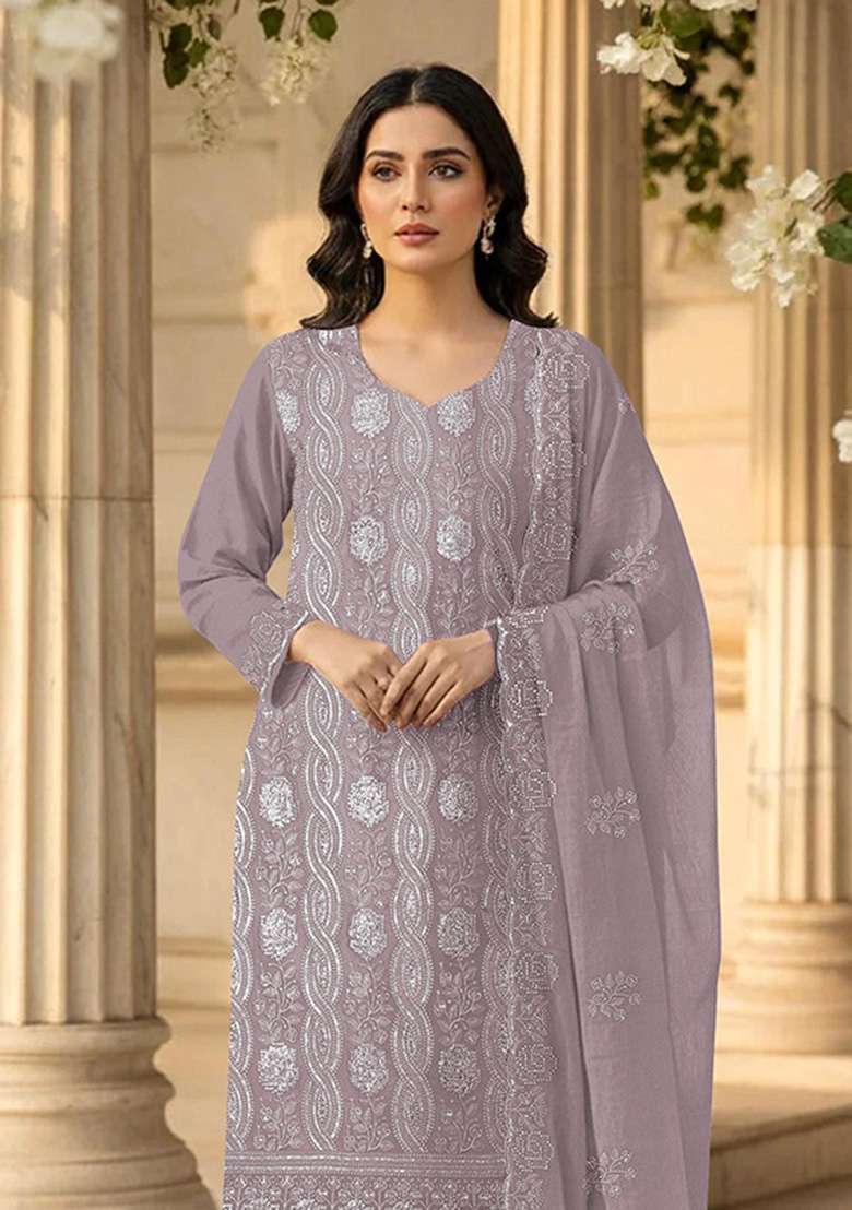 Lavender Embroidered Georgette Kurta Set - Indya