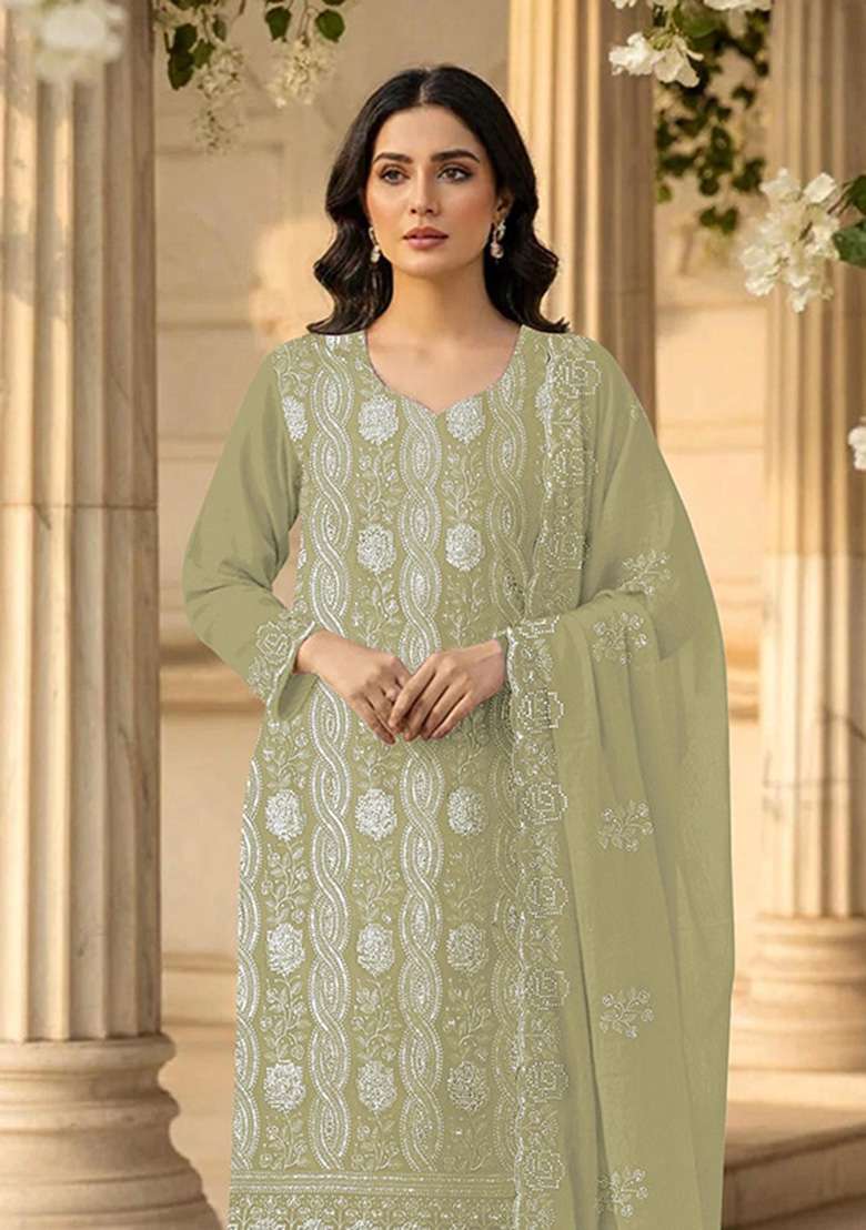 Green Embroidered Georgette Kurta Set - Indya