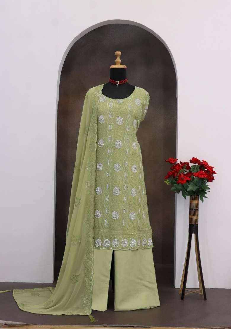 Green Embroidered Georgette Kurta Set - Indya