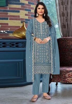 Blue Embroidered Silk Kurta Set