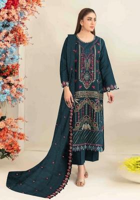 Teal Blue Embroidered Silk Kurta Set