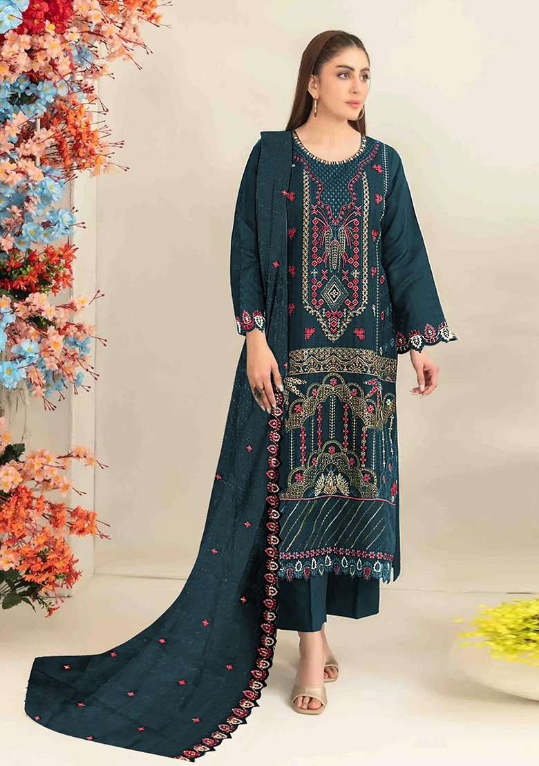 Teal Blue Embroidered Silk Kurta Set - Indya
