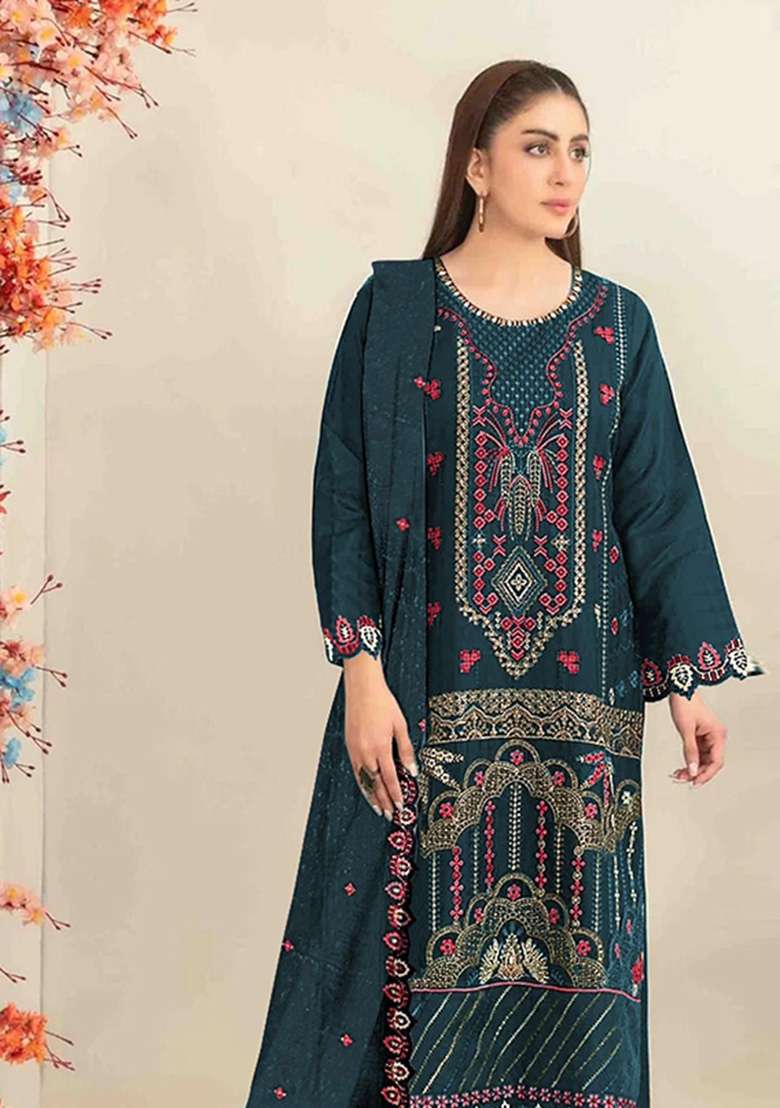Teal Blue Embroidered Silk Kurta Set - Indya