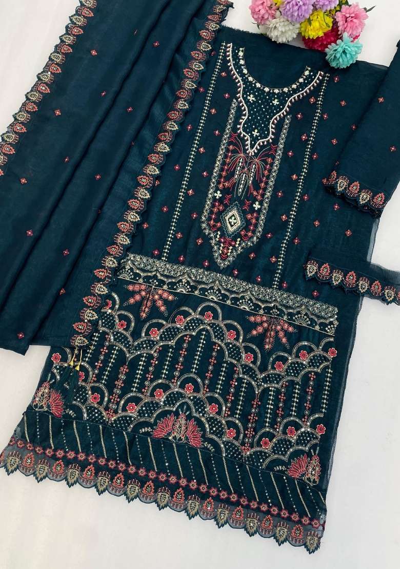 Teal Blue Embroidered Silk Kurta Set - Indya
