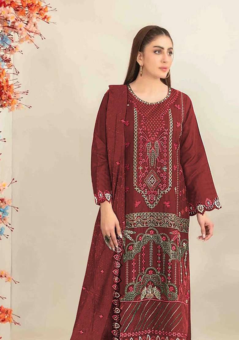 Maroon Embroidered Silk Kurta Set - Indya