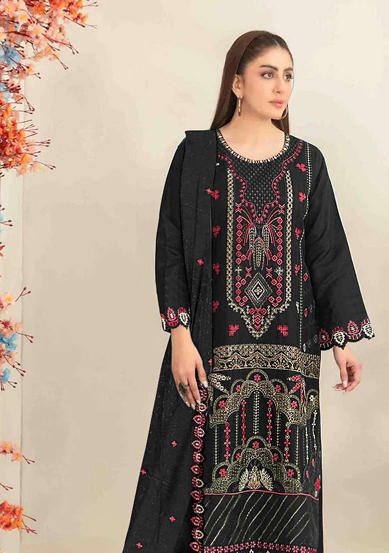 Black Embroidered Silk Kurta Set - Indya