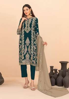 Teal Blue Sequin Work Silk Kurta Set