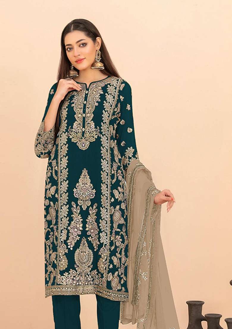 Teal Blue Sequin Work Silk Kurta Set - Indya