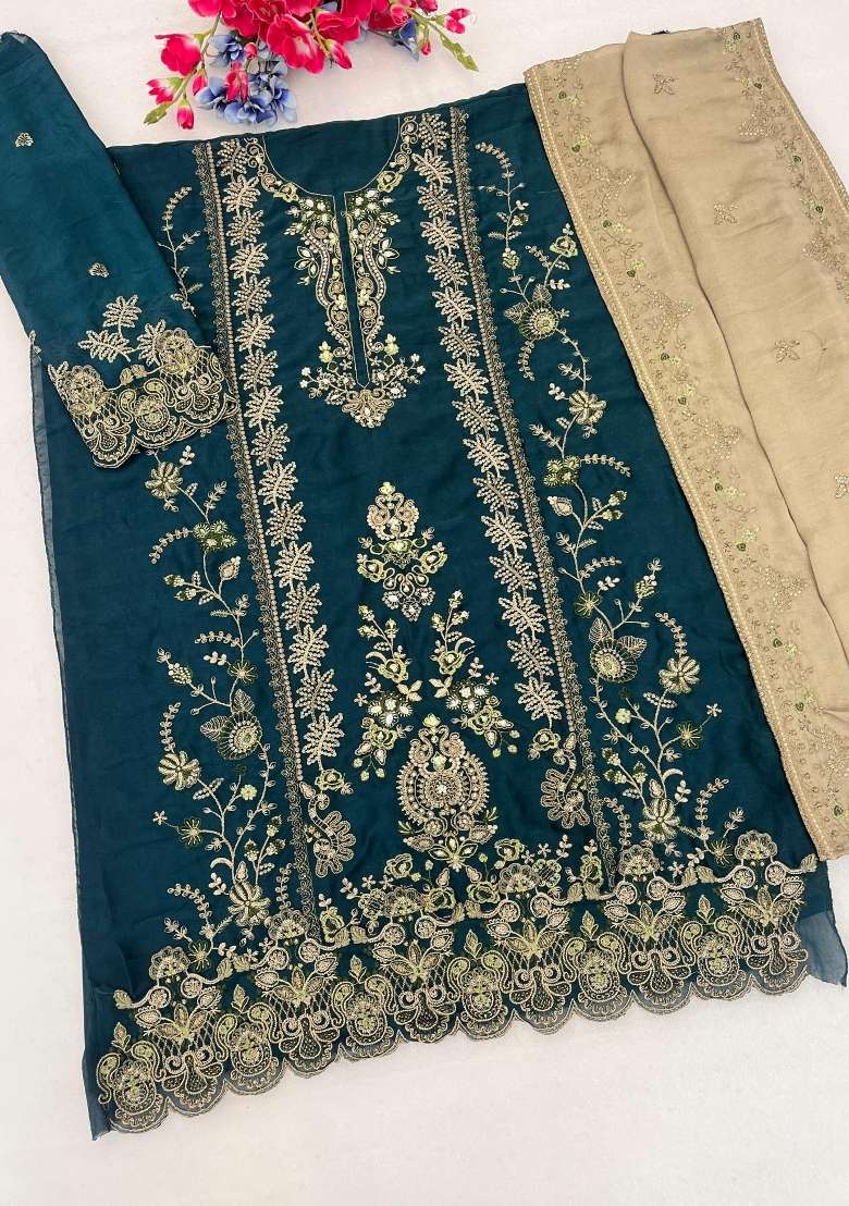 Teal Blue Sequin Work Silk Kurta Set - Indya