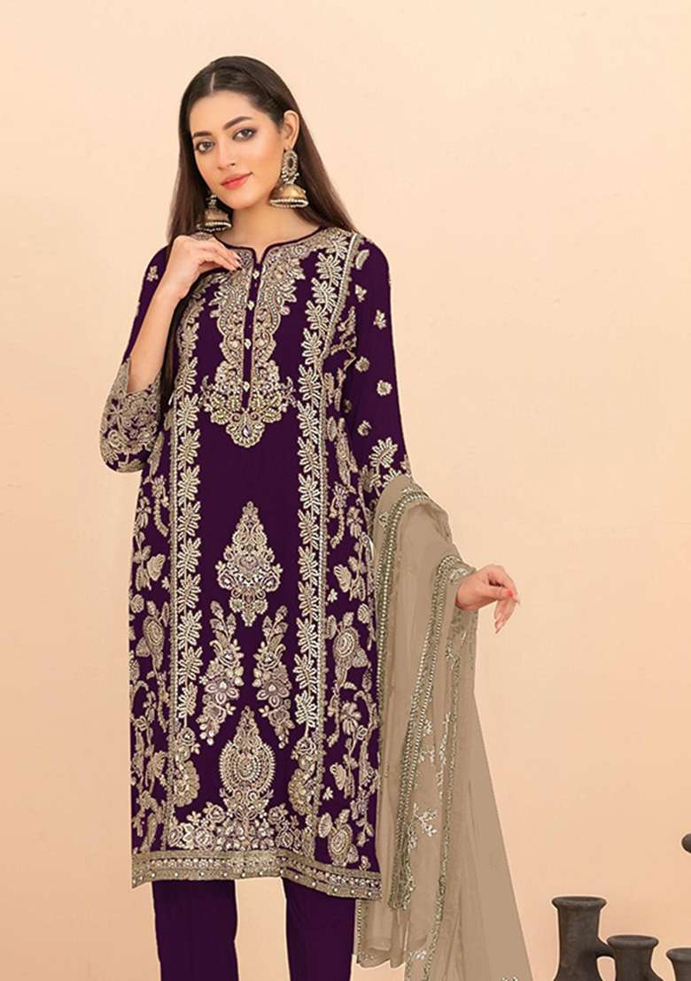 Purple Sequin Work Silk Kurta Set - Indya