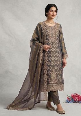 Dark Green Embroidered Silk Kurta Set