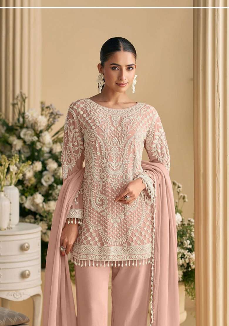 Peach Embroidered Georgette Co Ords Set - Indya