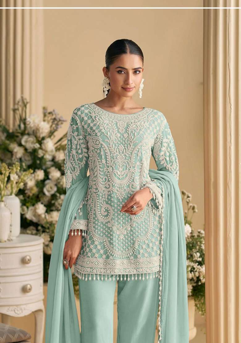 Sky Blue Embroidered Georgette Co Ords Set - Indya