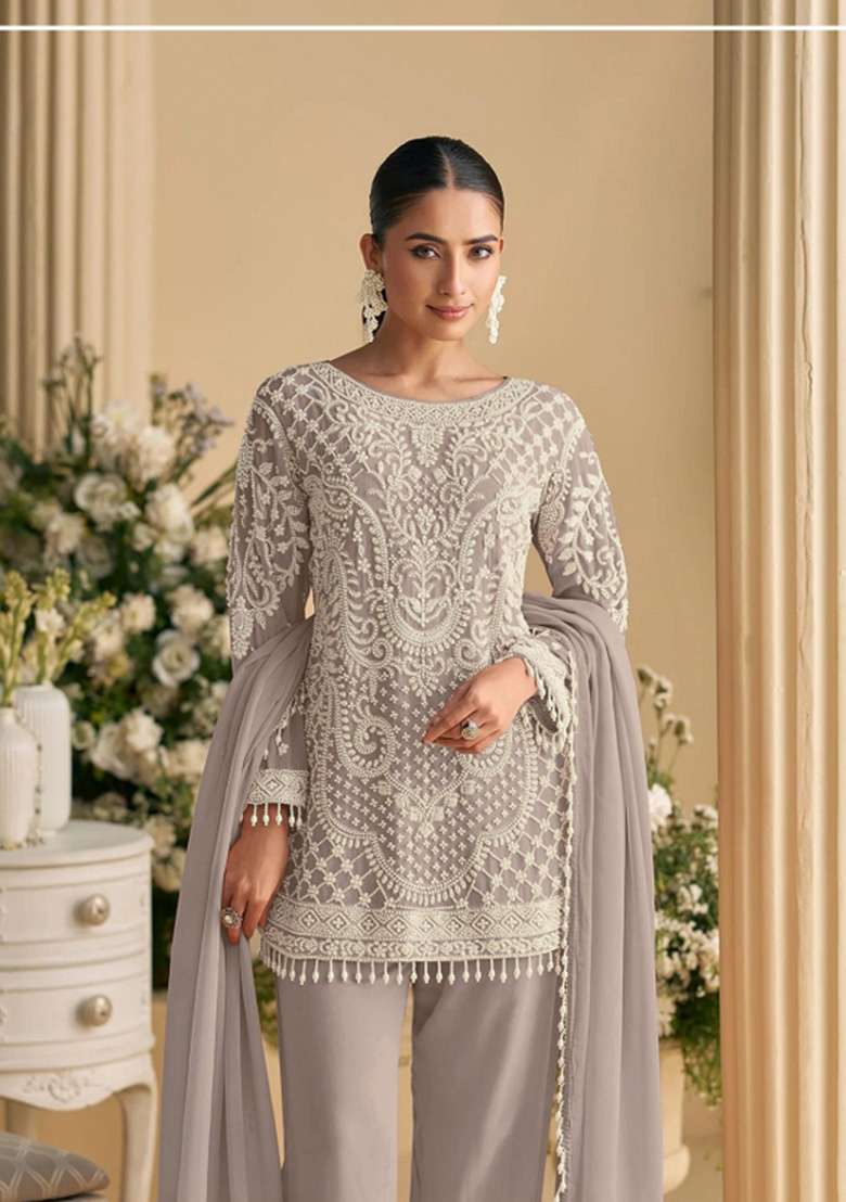 Purple Embroidered Georgette Co Ords Set - Indya