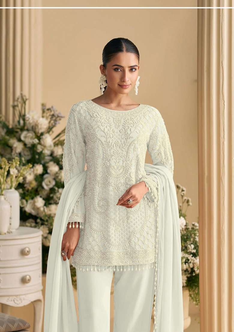 White Embroidered Georgette Co Ords Set - Indya