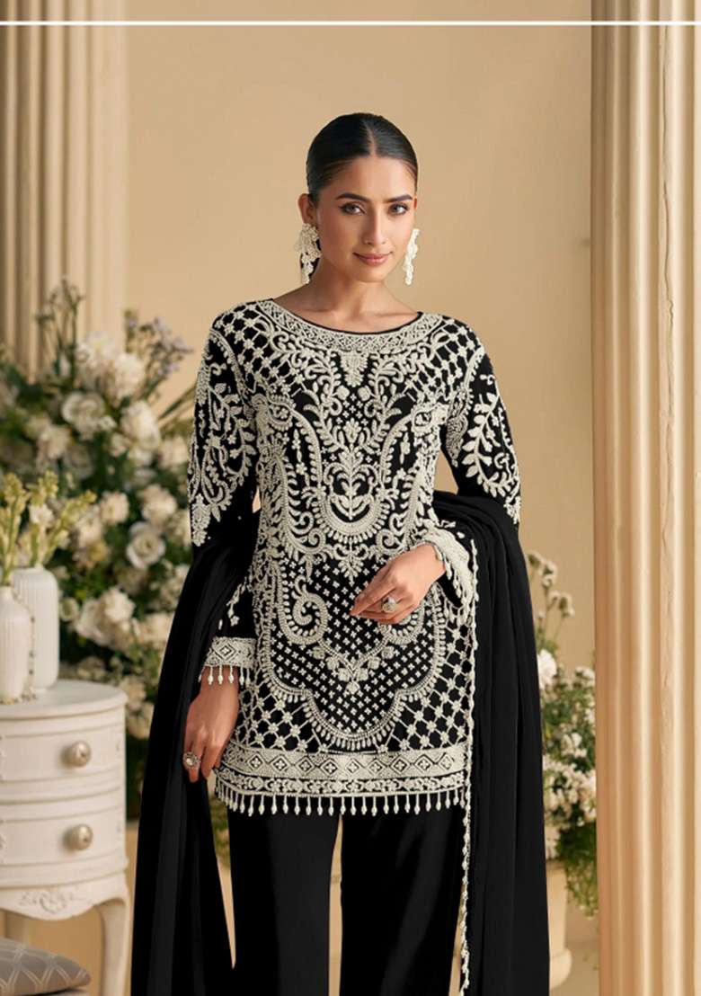 Black Embroidered Georgette Co Ords Set - Indya