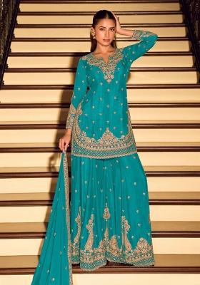 Blue Embroidered Silk Kurta Set