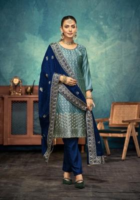 Light Teal Embroidered Silk Kurta Set
