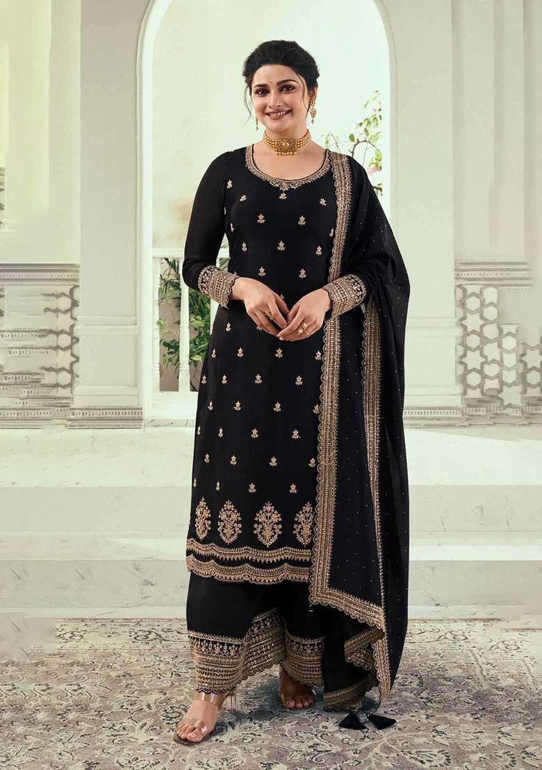 Black Embroidered Georgette Kurta Set - Indya