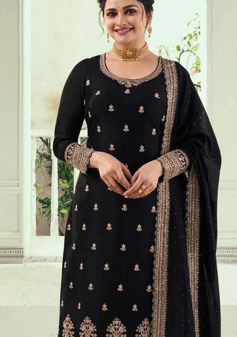 Black Embroidered Georgette Kurta Set - Indya