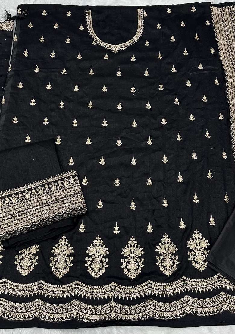Black Embroidered Georgette Kurta Set - Indya