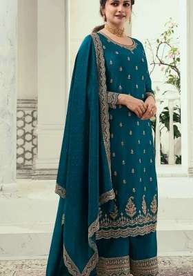 Teal Blue Embroidered Georgette Kurta Set