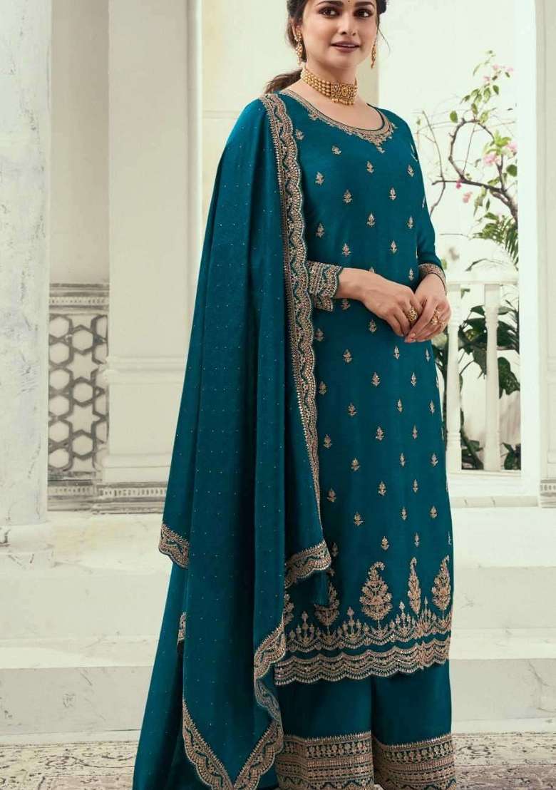 Teal Blue Embroidered Georgette Kurta Set - Indya