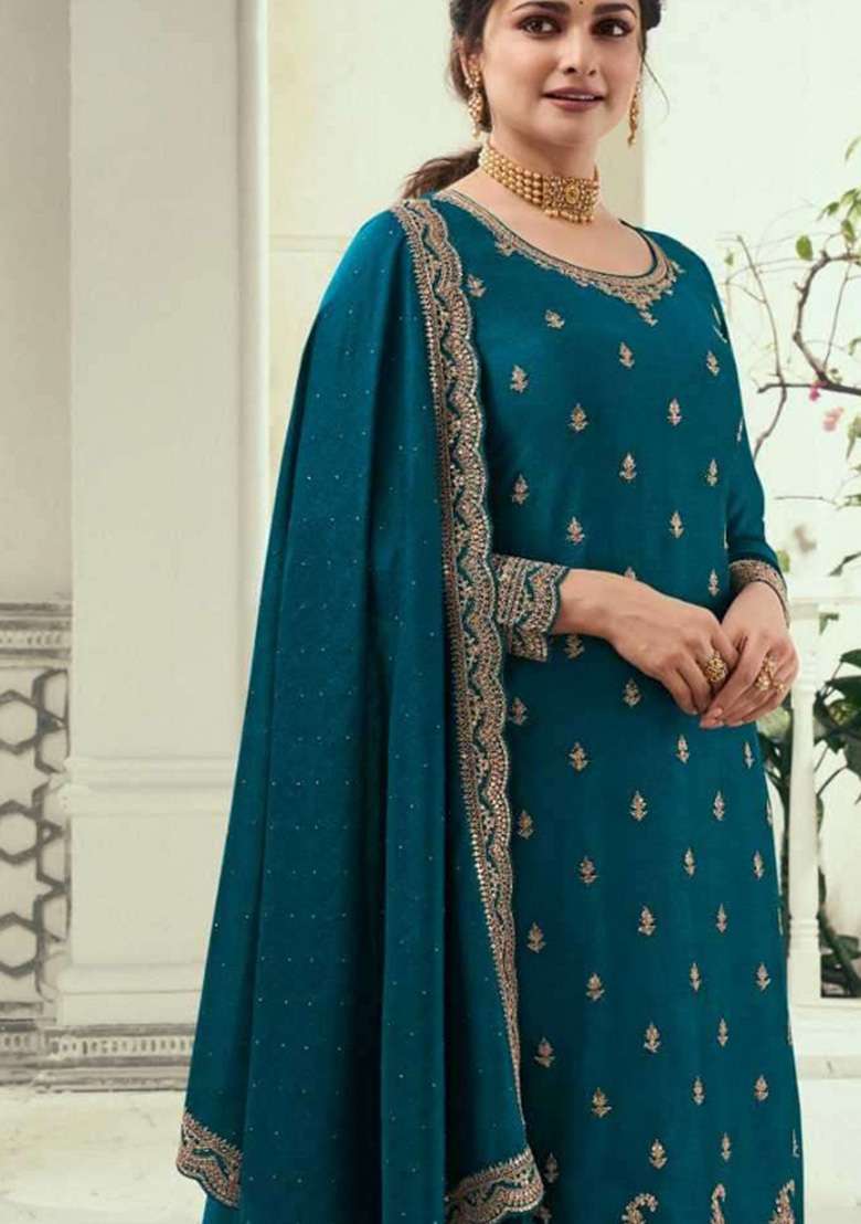 Teal Blue Embroidered Georgette Kurta Set - Indya