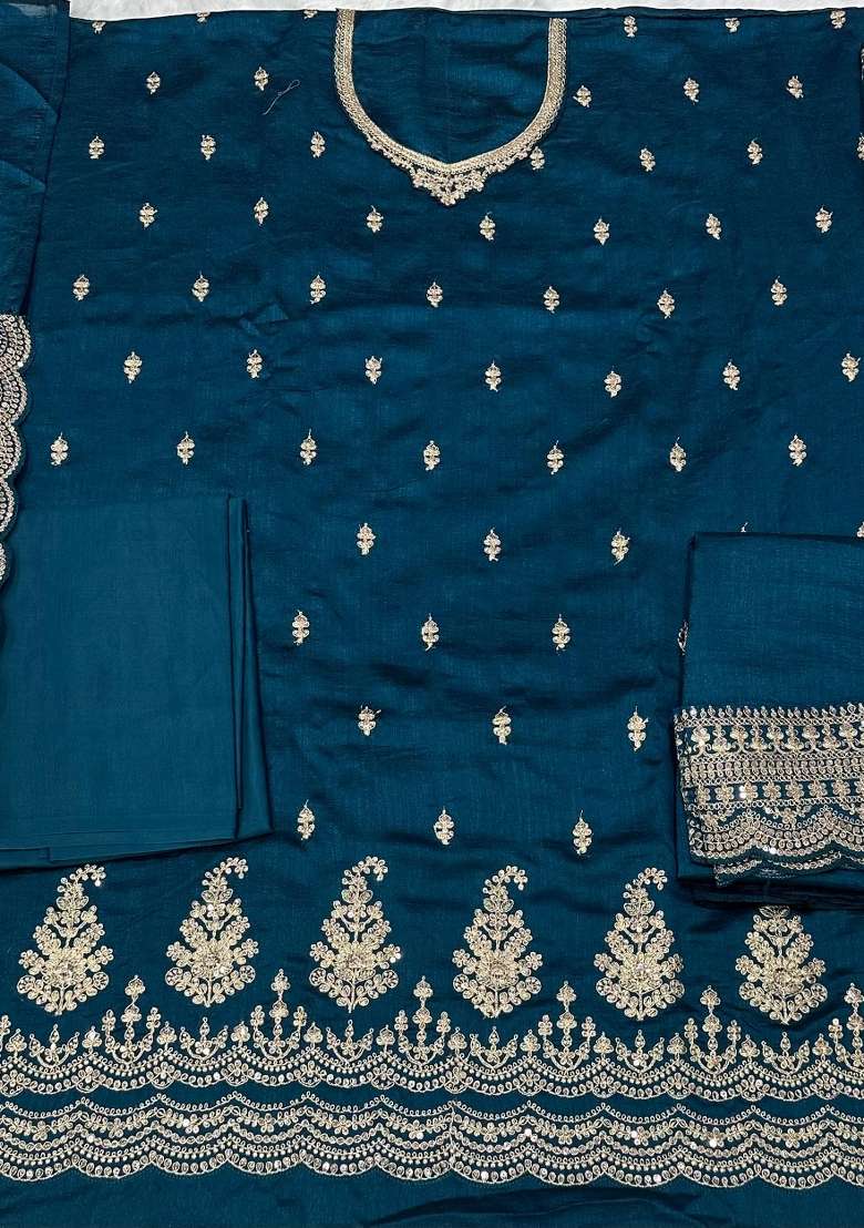 Teal Blue Embroidered Georgette Kurta Set - Indya