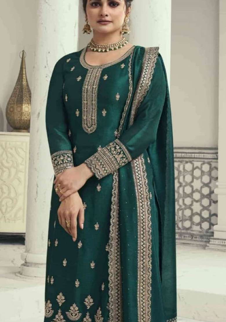 Teal Green Embroidered Georgette Kurta Set - Indya