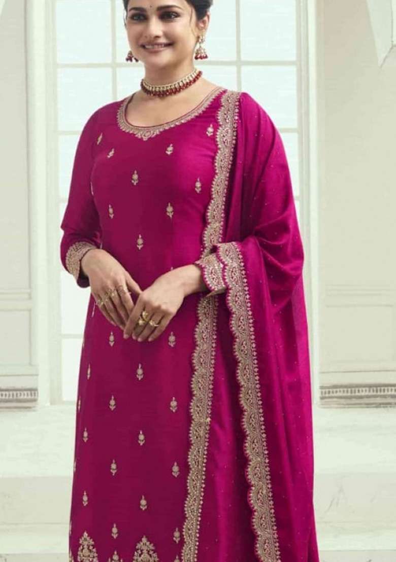 Rani Pink Embroidered Georgette Kurta Set - Indya